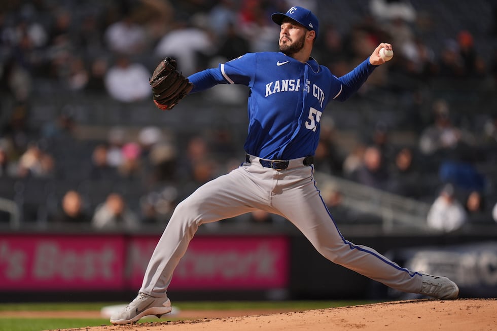 Kansas City Royals pitcher Cole Ragans throws during the first inning of a baseball game...