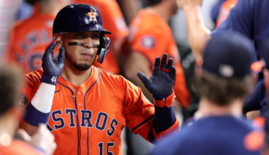 Houston Astros infielder Isaac Paredes during a game as trade speculation links him to the Boston Red Sox.