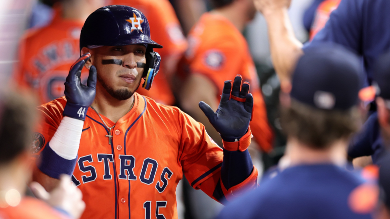 Houston Astros infielder Isaac Paredes during a game as trade speculation links him to the Boston Red Sox.