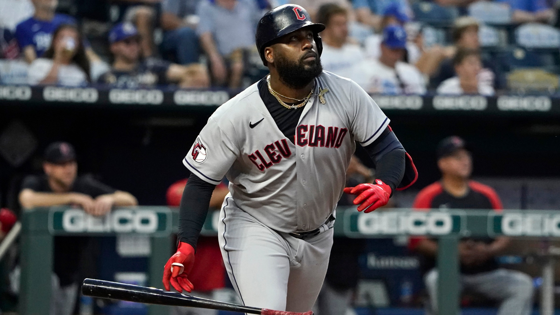 Franmil Reyes #32 of the Cleveland Guardians drops his batting after hitting a two-run home run in the seventh inning against the Kansas City Royals at Kauffman Stadium on July 08, 2022 in Kansas City, Missouri. (Photo by Ed Zurga/Getty Images)