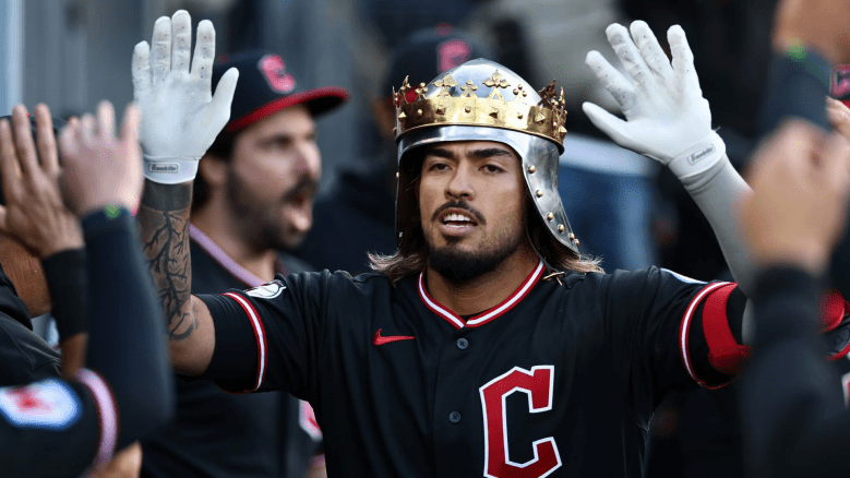 Gabriel Arias celebrates home run with Guardians knight helmet vs Dodgers
