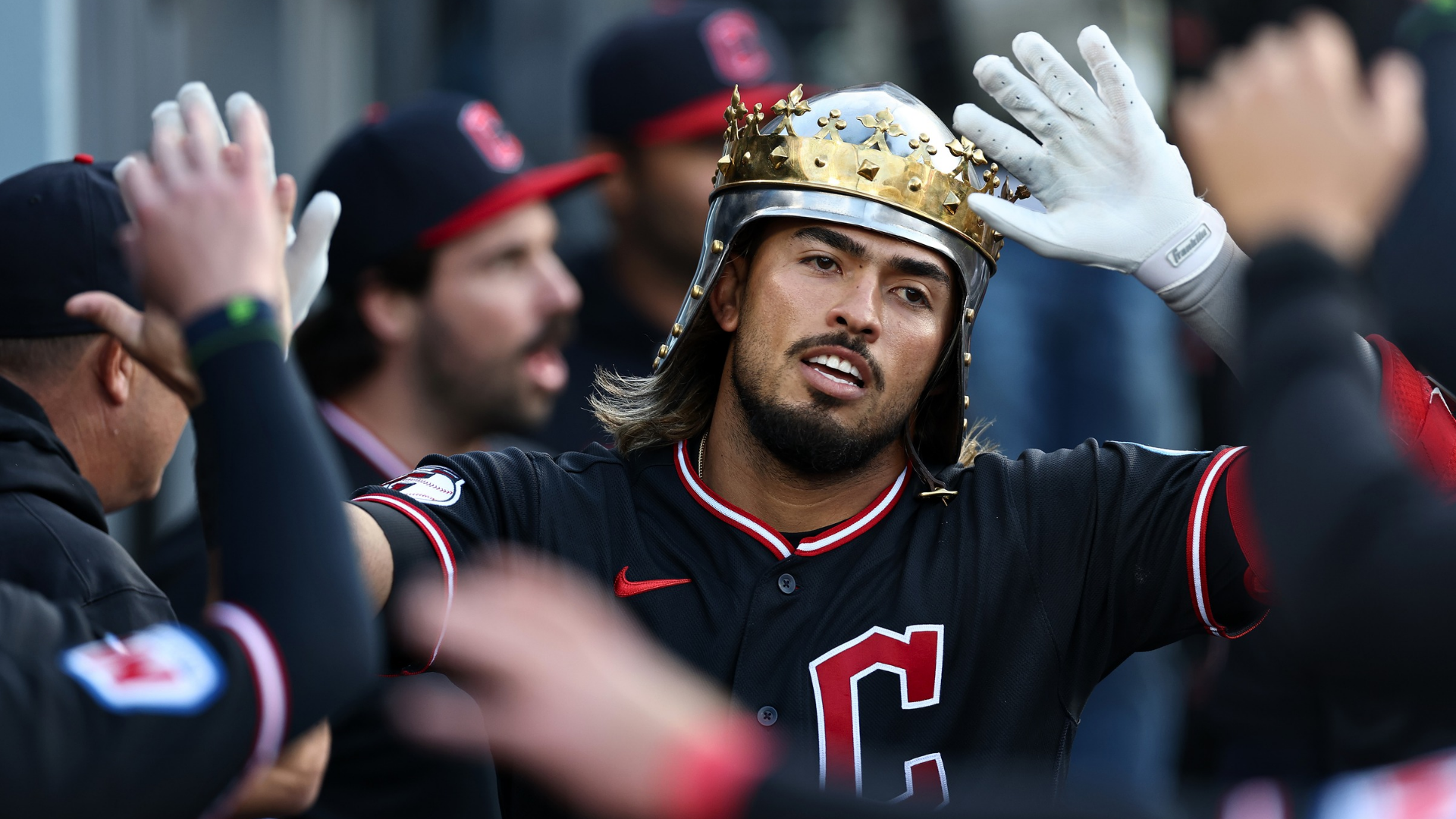 Gabriel Arias #13 of the Cleveland Guardians celebrates a home run against the Los Angeles Dodgers in the third inning at Dodger Stadium on April 01, 2026 in Los Angeles, California.