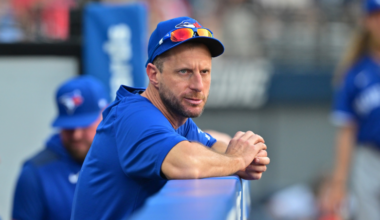 Pitcher Max Scherzer #31 of the Toronto Blue Jays watches from the dugout during the fifth inning against the Cleveland Guardians at Progressive Field on June 24, 2025 in Cleveland, Ohio. (Photo by Jason Miller/Getty Images)