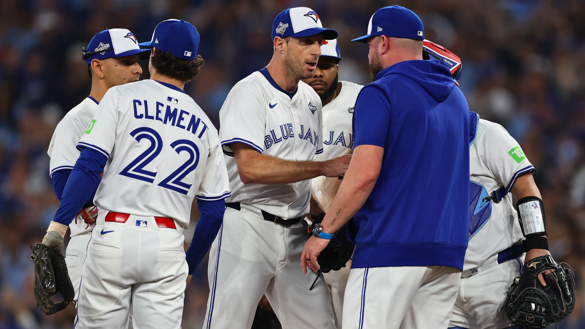 TORONTO, ONTARIO - NOVEMBER 01: Max Scherzer #31 of the Toronto Blue Jays reacts as he is pulled from the game by manager John Schneider #14 during the fifth inning against the Los Angeles Dodgers in game seven of the 2025 World Series at Rogers Center on November 01, 2025 in Toronto, Ontario. (Photo by Gregory Shamus/Getty Images)