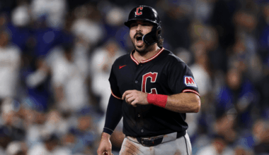 Austin Hedges #27 of the Cleveland Guardians reacts after scoring by a Rhys Hoskins #8 walk with the bases loaded against the Los Angeles Dodgers during the seventh inning at Dodger Stadium on March 30, 2026 in Los Angeles, California. (Photo by Luke Hales/Getty Images)