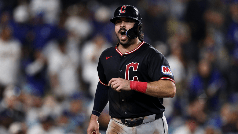 Austin Hedges #27 of the Cleveland Guardians reacts after scoring by a Rhys Hoskins #8 walk with the bases loaded against the Los Angeles Dodgers during the seventh inning at Dodger Stadium on March 30, 2026 in Los Angeles, California. (Photo by Luke Hales/Getty Images)