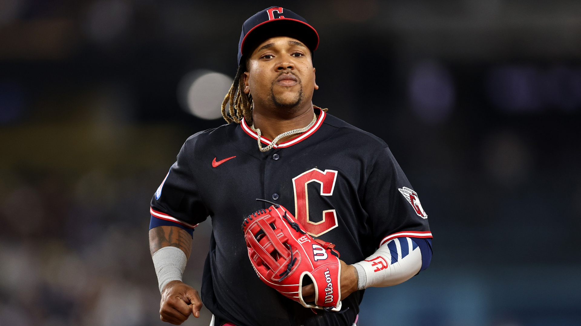 José Ramírez #11 of the Cleveland Guardians in action against the Los Angeles Dodgers at Dodger Stadium on March 30, 2026 in Los Angeles, California. (Photo by Luke Hales/Getty Images)