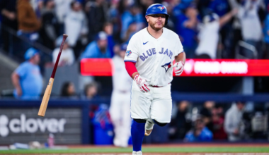 Alejandro Kirk #30 of the Toronto Blue Jays hits a home run against the Athletics during the ninth inning in their MLB game at the Rogers Centre on March 28, 2026 in Toronto, Ontario, Canada.