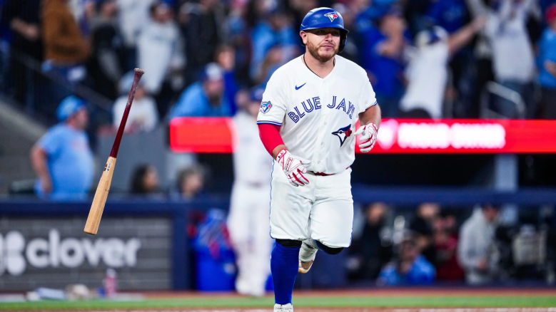 Alejandro Kirk #30 of the Toronto Blue Jays hits a home run against the Athletics during the ninth inning in their MLB game at the Rogers Centre on March 28, 2026 in Toronto, Ontario, Canada.
