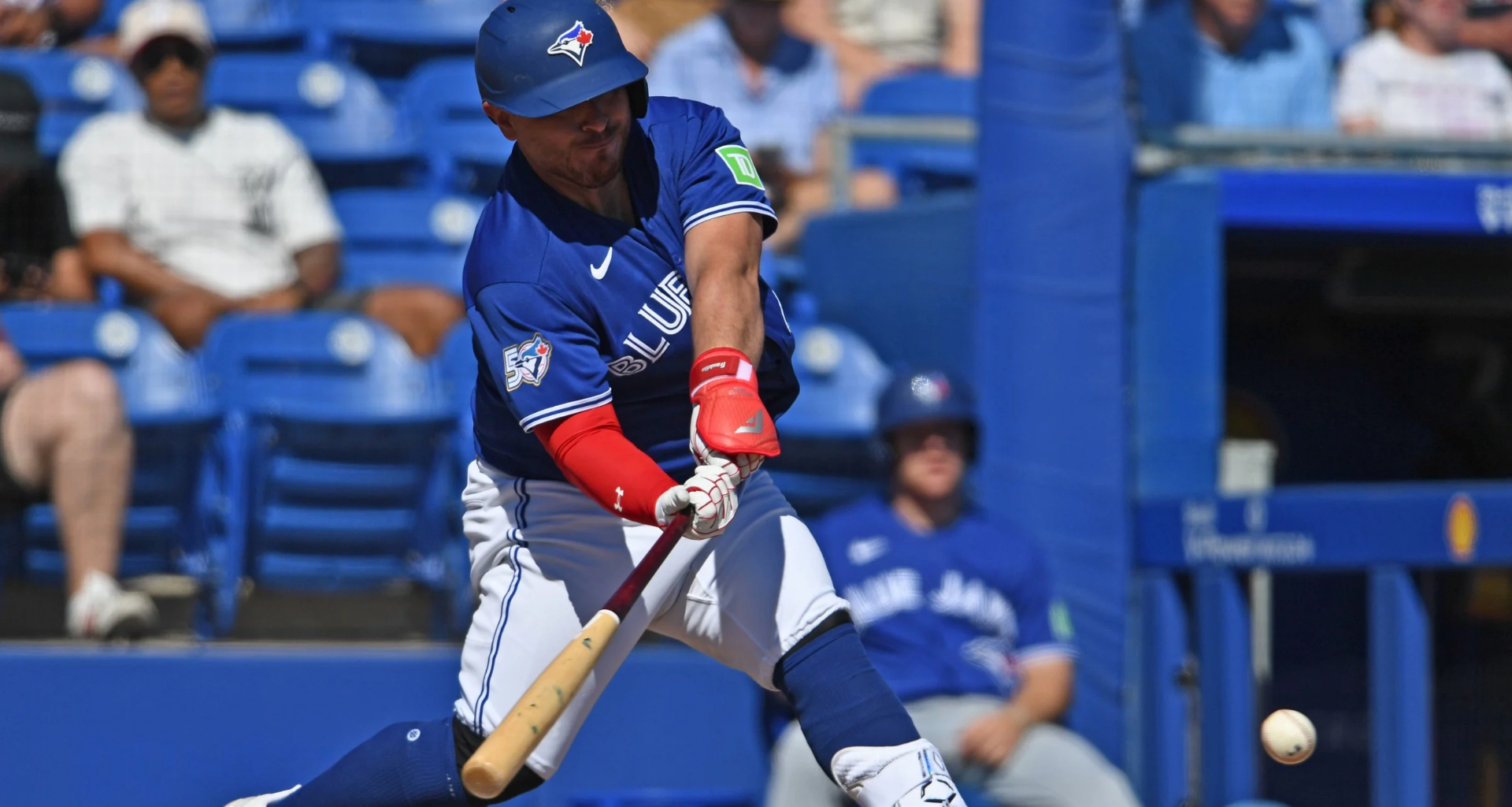 Alejandro Kirk #30 of the Toronto Blue Jays bats during the fourth inning against the Philadelphia Phillies at TD Ballpark on February 21, 2026 in Dunedin, Florida.