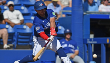 Alejandro Kirk #30 of the Toronto Blue Jays bats during the fourth inning against the Philadelphia Phillies at TD Ballpark on February 21, 2026 in Dunedin, Florida.