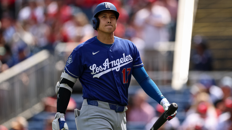 Shohei Ohtani #17 of the Los Angeles Dodgers at bat against the Washington Nationals during the first inning at Nationals Park on April 3, 2026 in Washington, DC.
