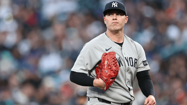 Ryan Weathers #40 of the New York Yankees reacts during the second inning against the Seattle Mariners at T-Mobile Park on March 30, 2026 in Seattle, Washington. (Photo by Steph Chambers/Getty Images)