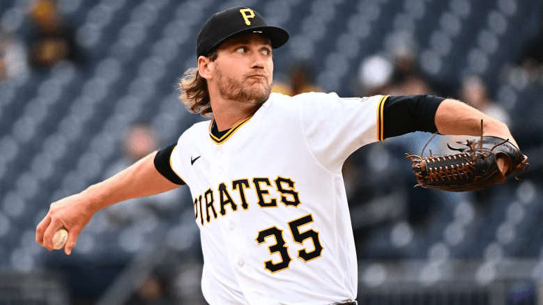 Braxton Ashcraft #35 of the Pittsburgh Pirates pitches in the first inning during the game against the Baltimore Orioles at PNC Park on April 5, 2026 in Pittsburgh, Pennsylvania. (Photo by Justin Berl/Getty Images)
