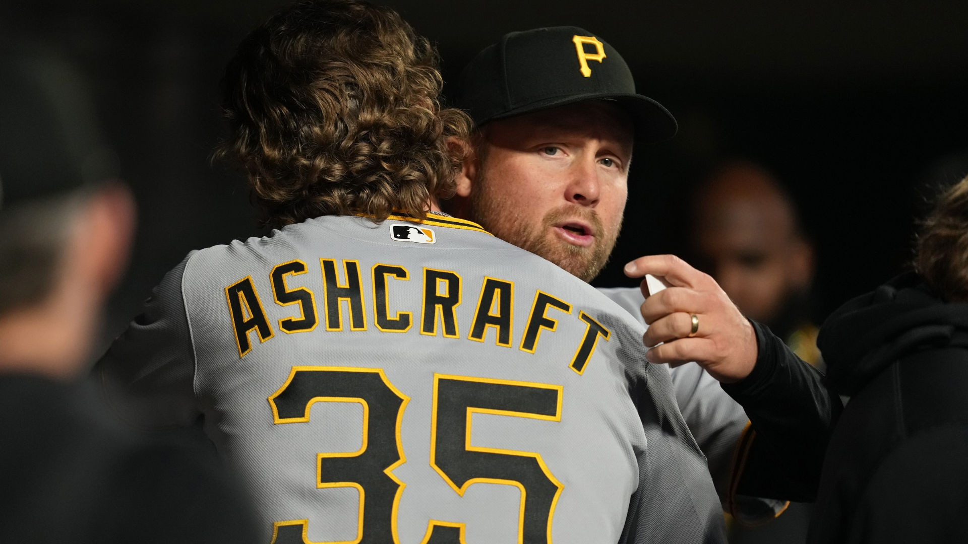 Braxton Ashcraft #35 of the Pittsburgh Pirates celebrates with teammates after a pitching change during the seventh inning of a baseball game against the Cincinnati Reds at Great American Ball Park on March 30, 2026 in Cincinnati, Ohio. (Photo by Jeff Dean/Getty Images)
