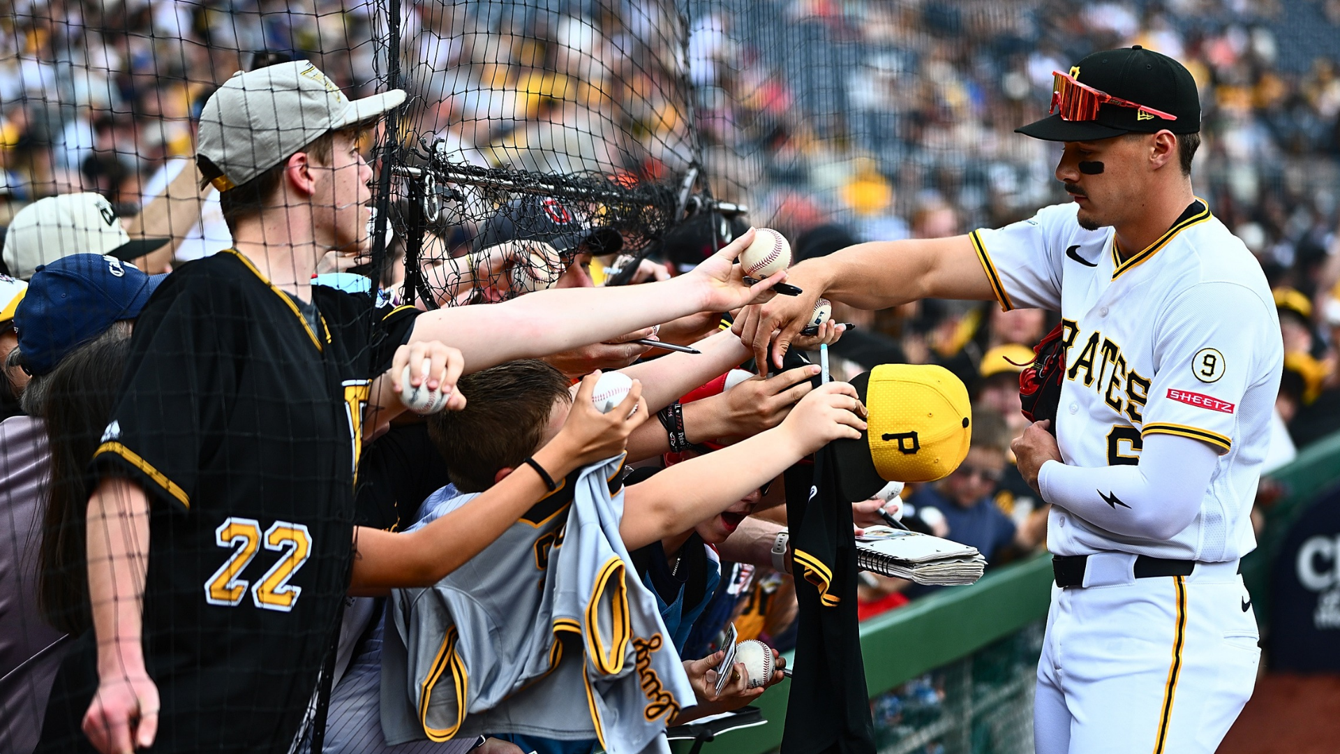 Konnor Griffin #6 of the Pittsburgh Pirates signs autographs for fans before the game against the Baltimore Orioles at PNC Park on April 4, 2026 in Pittsburgh, Pennsylvania. (Photo by Justin Berl/Getty Images)