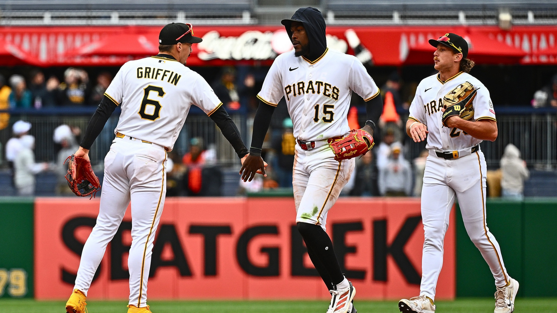 Oneil Cruz #15 of the Pittsburgh Pirates celebrates with Konnor Griffin #6 after the final out in a 8-2 win over the Baltimore Orioles during the game at PNC Park on April 5, 2026 in Pittsburgh, Pennsylvania. (Photo by Justin Berl/Getty Images)