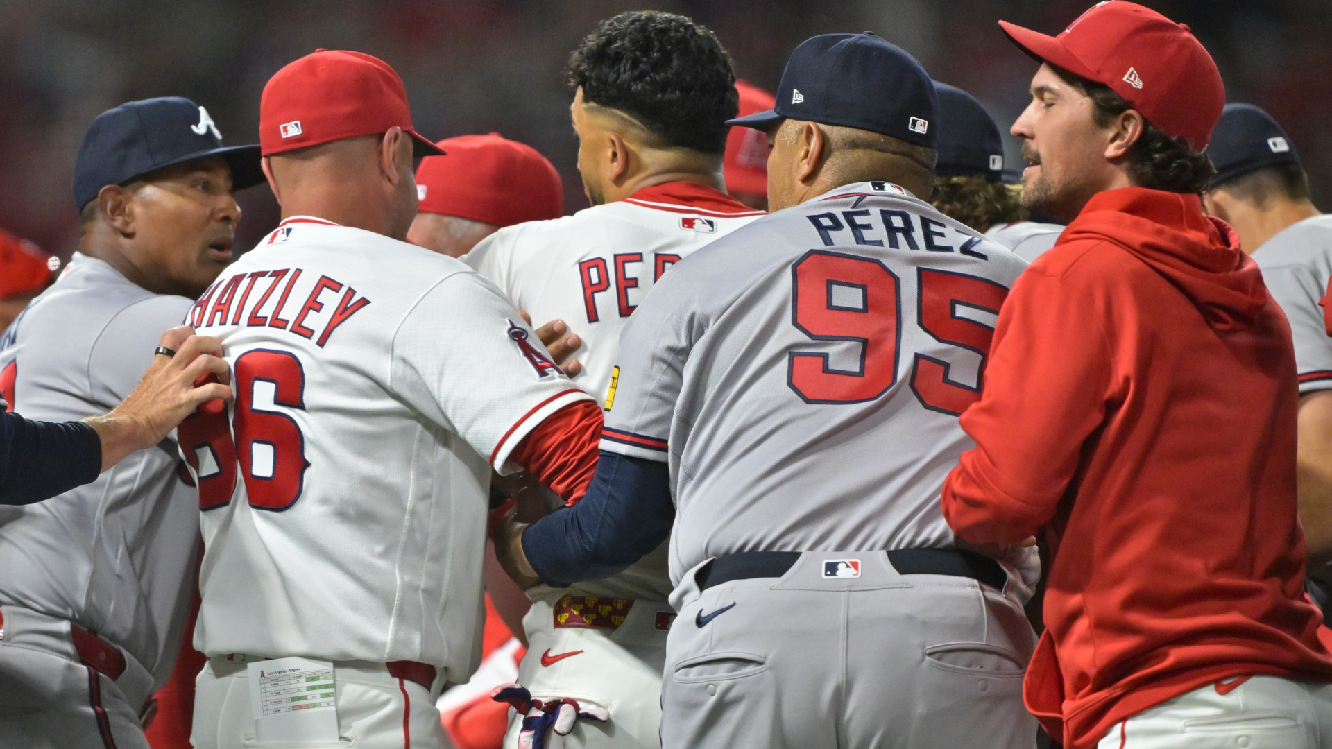 Benches clear as pitcher Reynaldo López #40 of the Atlanta Braves and right fielder Jorge Soler #12 of the Los Angeles Angels fight on the field during the fifth inning at Angel Stadium of Anaheim on April 7, 2026 in Anaheim, California. (Photo by Jayne Kamin-Oncea/Getty Images)