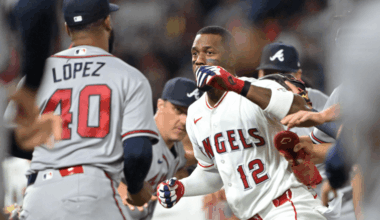 Benches clear as pitcher Reynaldo López #40 of the Atlanta Braves and right fielder Jorge Soler #12 of the Los Angeles Angels fight on the field during the fifth inning at Angel Stadium of Anaheim on April 7, 2026 in Anaheim, California. (Photo by Jayne Kamin-Oncea/Getty Images)