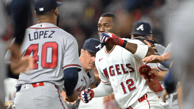 Benches clear as pitcher Reynaldo López #40 of the Atlanta Braves and right fielder Jorge Soler #12 of the Los Angeles Angels fight on the field during the fifth inning at Angel Stadium of Anaheim on April 7, 2026 in Anaheim, California. (Photo by Jayne Kamin-Oncea/Getty Images)