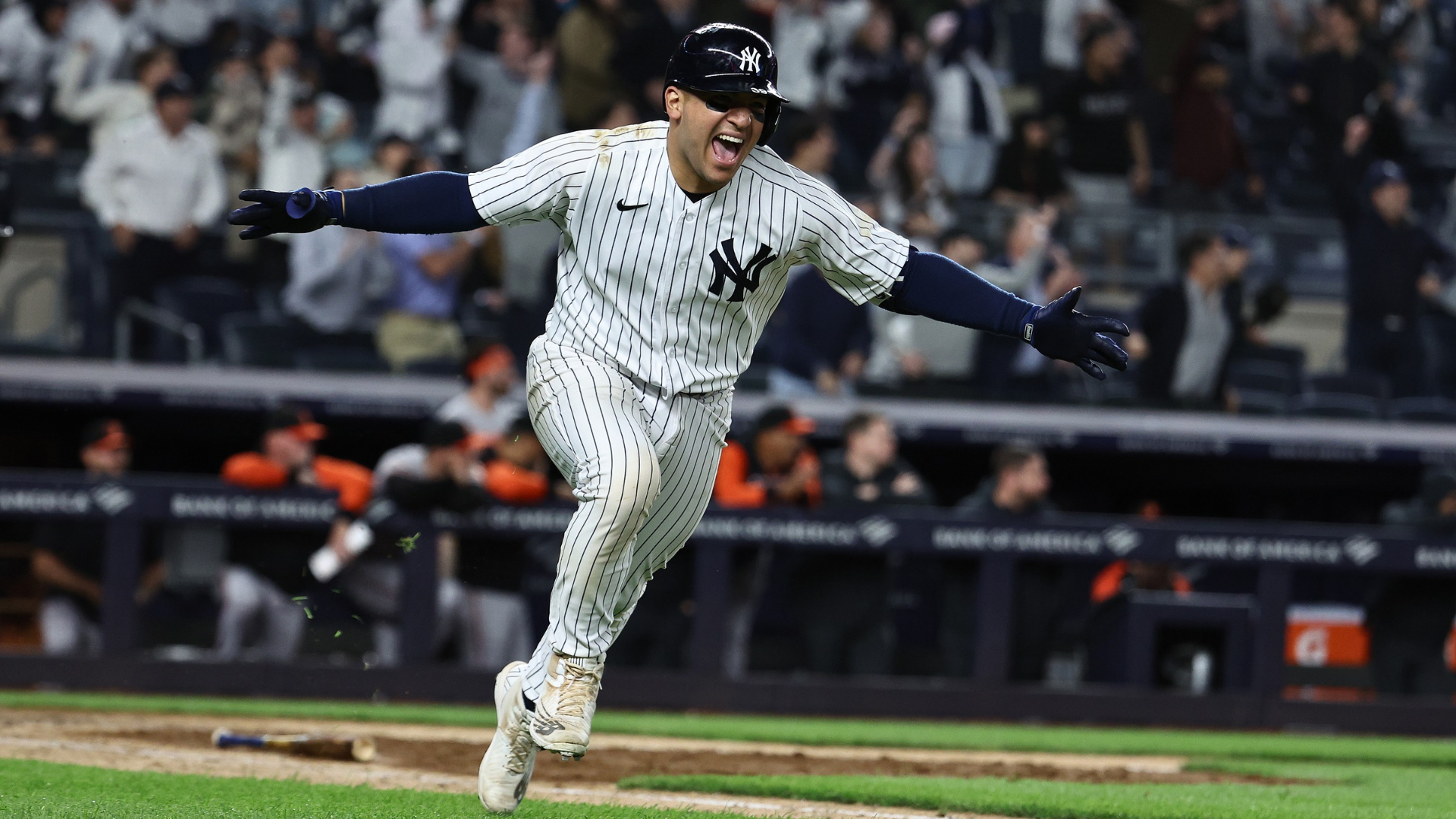 Jose Trevino #39 of the New York Yankees celebrates after hitting a walk off RBI single to win the game 7-6 against the Baltimore Orioles in eleven innings during their game at Yankee Stadium on May 24, 2022 in New York City. (Photo by Al Bello/Getty Images)