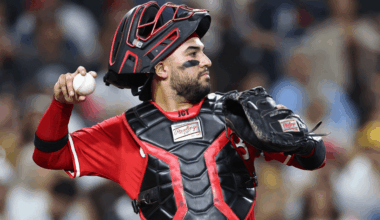 Jose Trevino #35 of the Cincinnati Reds looks on during a game against the San Diego Padres at Petco Park on September 08, 2025 in San Diego, California. (Photo by Sean M. Haffey/Getty Images)