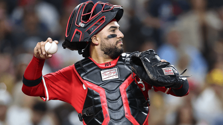 Jose Trevino #35 of the Cincinnati Reds looks on during a game against the San Diego Padres at Petco Park on September 08, 2025 in San Diego, California. (Photo by Sean M. Haffey/Getty Images)