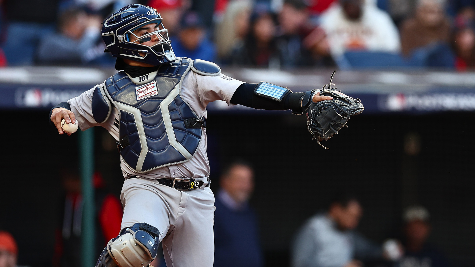 Jose Trevino #39 of the New York Yankees warms up during the second inning against the Cleveland Guardians during Game Three of the American League Championship Series at Progressive Field on October 17, 2024 in Cleveland, Ohio. (Photo by Maddie Meyer/Getty Images)