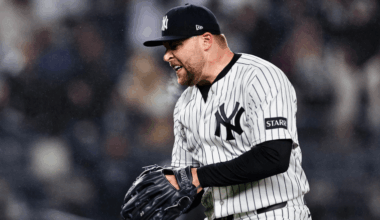 David Bednar #53 of the New York Yankees reacts at the end of the game against the Miami Marlins at Yankee Stadium on April 04, 2026 in New York City. The New York Yankees defeated the Miami Marlins 9-7. (Photo by Caean Couto/Getty Images)