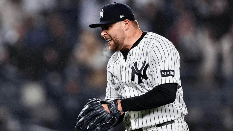 David Bednar #53 of the New York Yankees reacts at the end of the game against the Miami Marlins at Yankee Stadium on April 04, 2026 in New York City. The New York Yankees defeated the Miami Marlins 9-7. (Photo by Caean Couto/Getty Images)