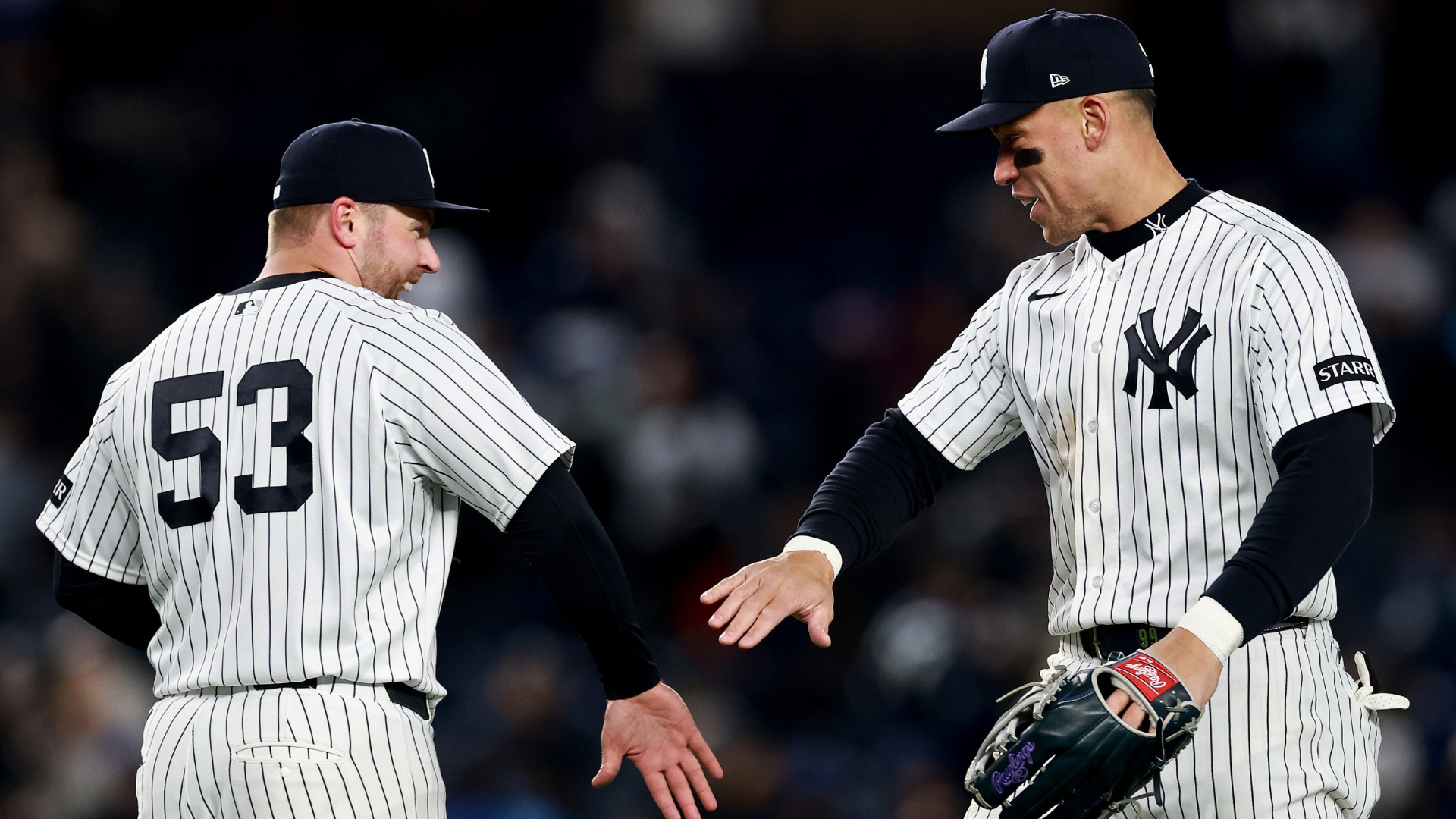 David Bednar #53 and Aaron Judge #99 of the New York Yankees celebrate the win over the Athletics at Yankee Stadium on April 07, 2026 in the Bronx borough of New York City. The New York Yankees defeated the Athletics 5-3. (Photo by Elsa/Getty Images)