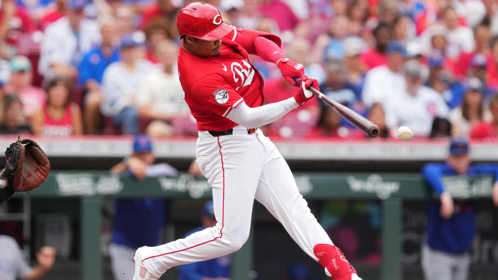 Noelvi Marte #16 of the Cincinnati Reds hits a single during the first inning of a baseball game against the Chicago Cubs at Great American Ball Park on September 21, 2025 in Cincinnati, Ohio. (Photo by Jeff Dean/Getty Images)