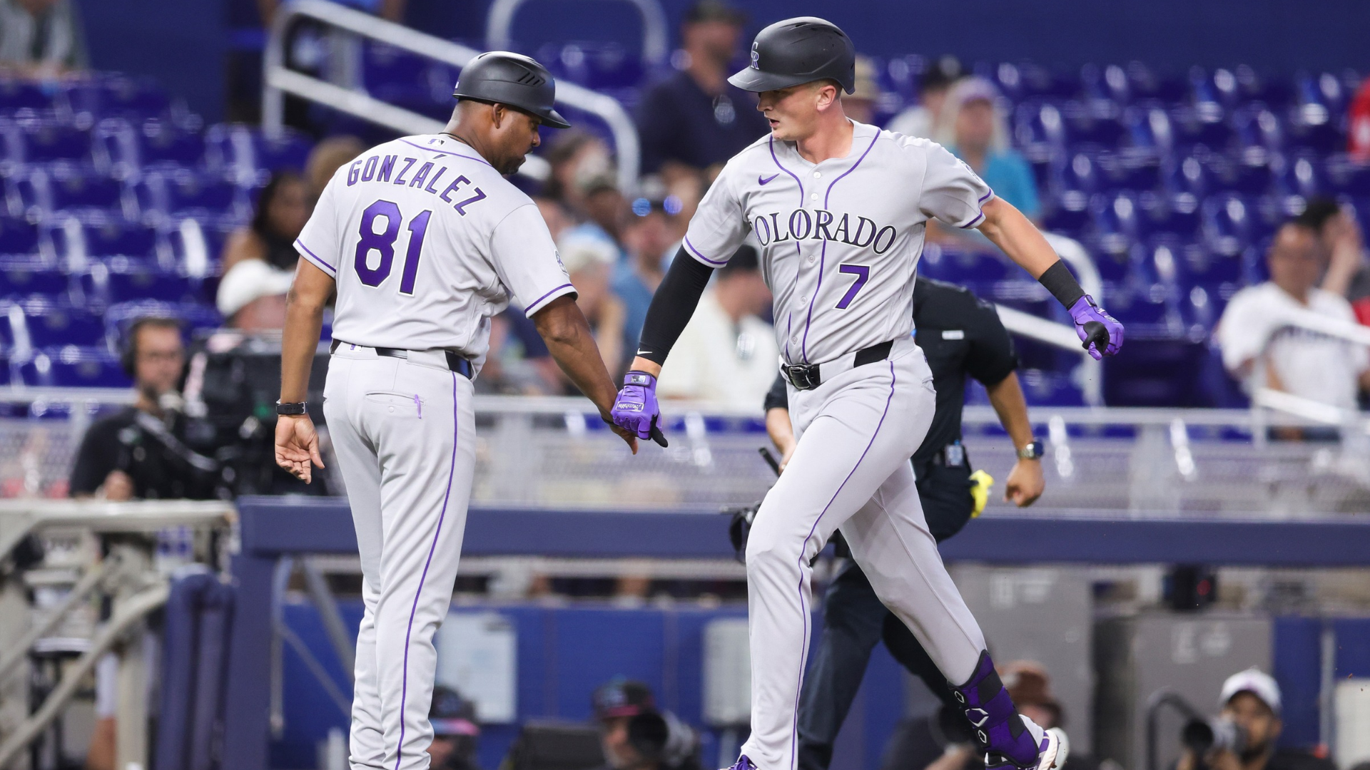 TJ Rumfield #7 of the Colorado Rockies rounds third base after hitting a home run against the Miami Marlins in the second inning of the game at loanDepot park on March 28, 2026 in Miami, Florida. (Photo by Megan Briggs/Getty Images)