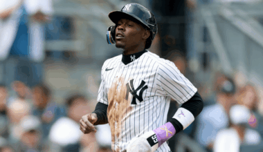 Jazz Chisholm Jr. #13 of the New York Yankees scores after Aaron Judge is hit by a pitch with the bases loaded in the second inning against the Miami Marlins during the home opener at Yankee Stadium on April 03, 2026 in the Bronx borough of New York City. (Photo by Elsa/Getty Images)