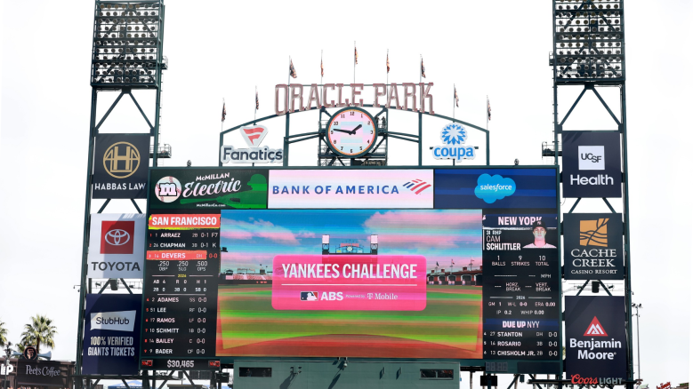 The jumbotron shows that the New York Yankees challenged a call against the San Francisco Giants in the first inning at Oracle Park on March 27, 2026 in San Francisco, California. Beginning with the 2026 MLB season, teams have two Automated Ball-Strike (ABS) challenges per game to overturn ball/strike calls, retaining them if successful (Photo by Ezra Shaw/Getty Images)