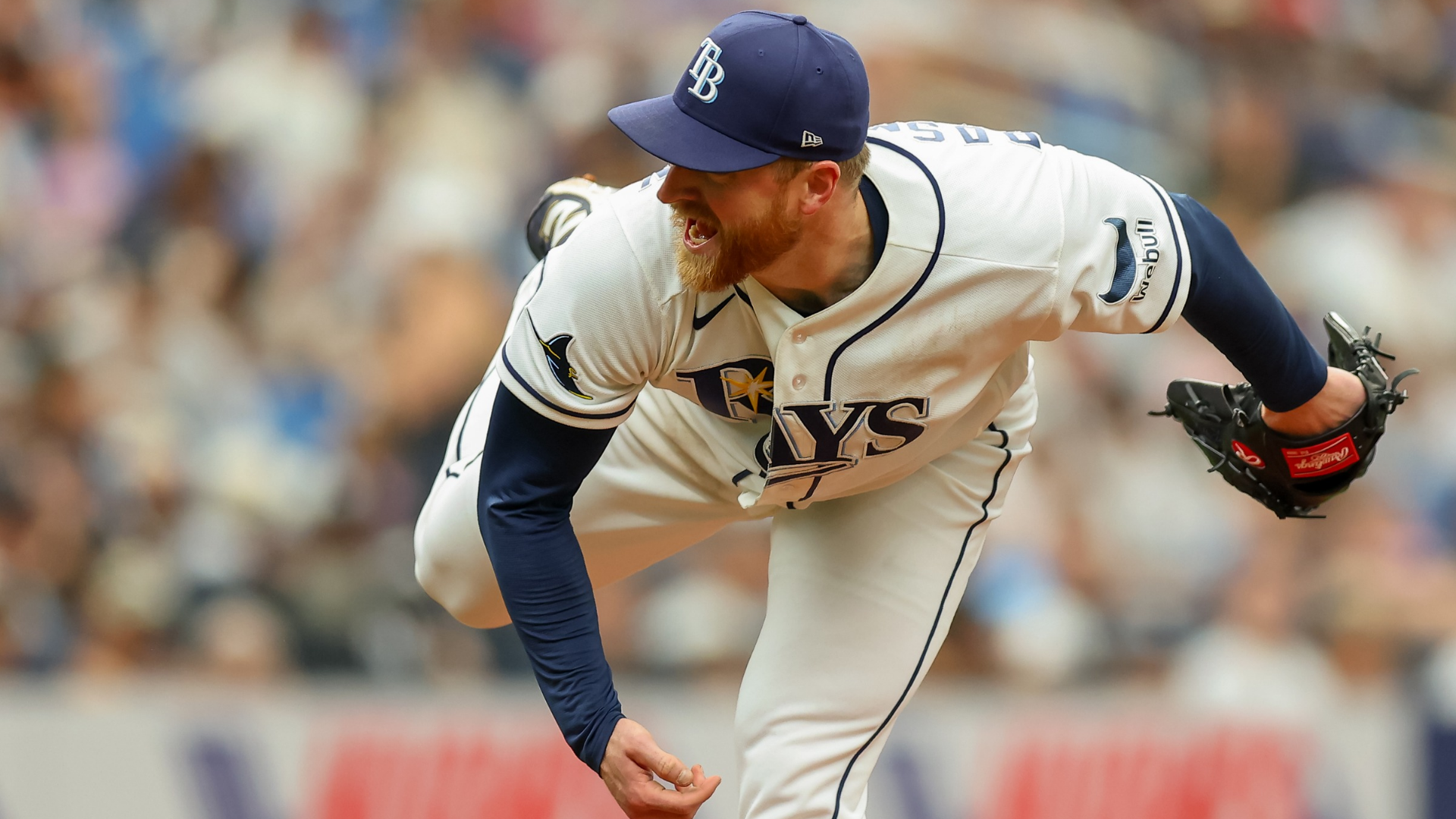 Drew Rasmussen #57 of the Tampa Bay Rays throws against the Tampa Bay Rays during the fifth inning of a baseball game at Tropicana Field on April 12, 2026 in St. Petersburg, Florida. (Photo by Mike Carlson/Getty Images)