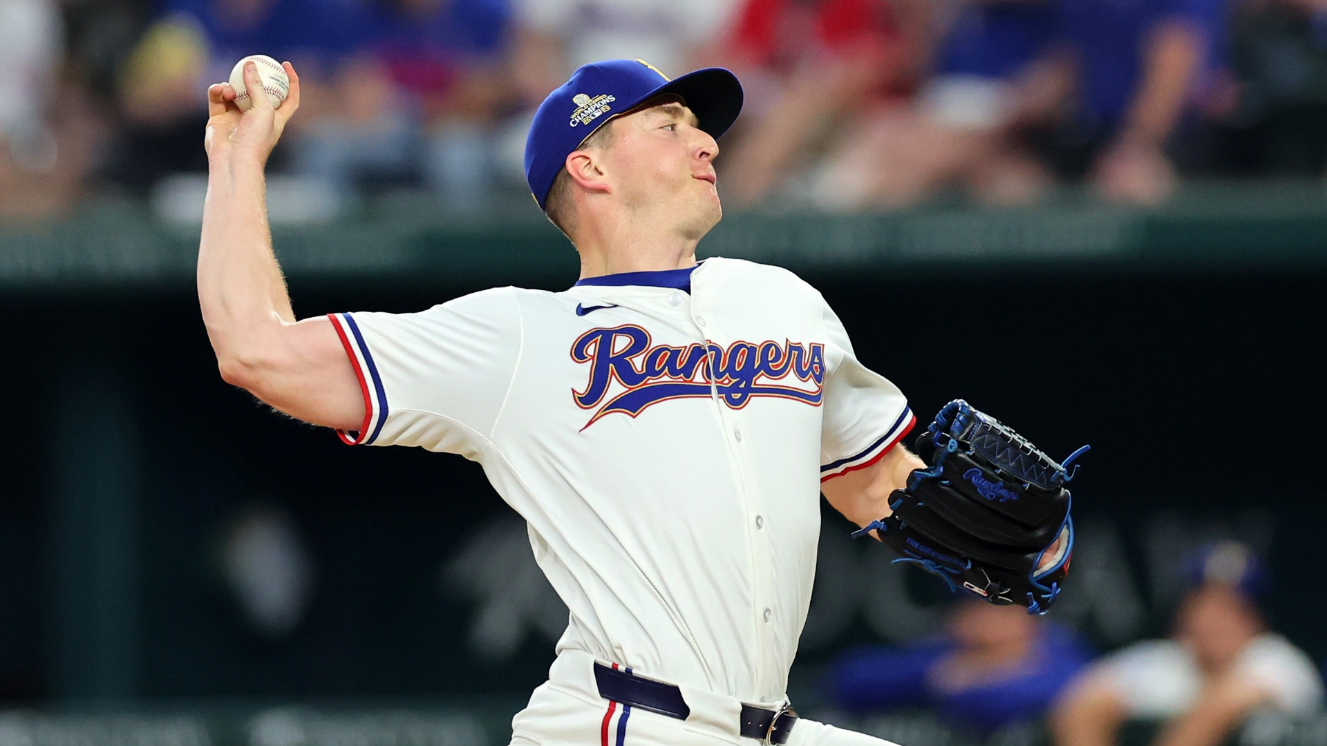 Josh Sborz #66 of the Texas Rangers throws a pitch during the sixth inning against the Chicago Cubs at Globe Life Field on March 30, 2024 in Arlington, Texas. (Photo by Stacy Revere/Getty Images)