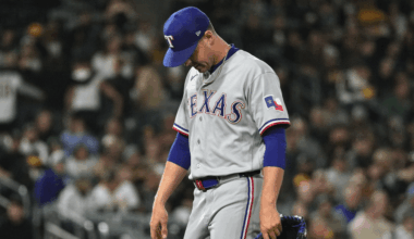 MacKenzie Gore #1 of the Texas Rangers walks back to the dugout with his head down after he was taken out of the game against the Athletics in the bottom of the fifth inning at Sutter Health Park on April 14, 2026 in Sacramento, California. (Photo by Thearon W. Henderson/Getty Images)
