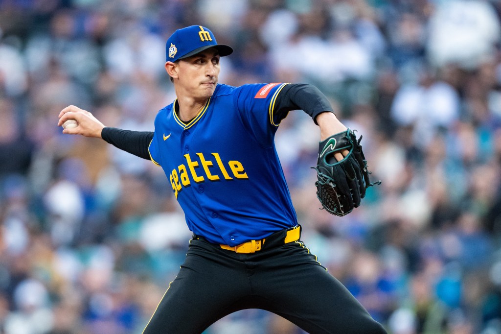 Mar 27, 2026; Seattle, Washington, USA; Seattle Mariners starter George Kirby (68) delivers a pitch during the first inning against the Cleveland Guardians at T-Mobile Park. Mandatory Credit: Stephen Brashear-Imagn Images