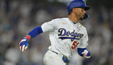 Mar 27, 2026; Los Angeles, California, USA; Los Angeles Dodgers shortstop Mookie Betts (50) runs after hitting a three run home run against the Arizona Diamondbacks in the third inning at Dodger Stadium. Mandatory Credit: Jayne Kamin-Oncea-Imagn Images