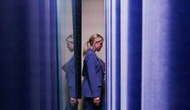 Attorney General Pam Bondi leaving after the end of President Donald Trump's remarks to reporters in the James Brady Press Briefing Room at the White House, Feb. 20, 2026, in Washington. (AP Photo/Alex Brandon, File)