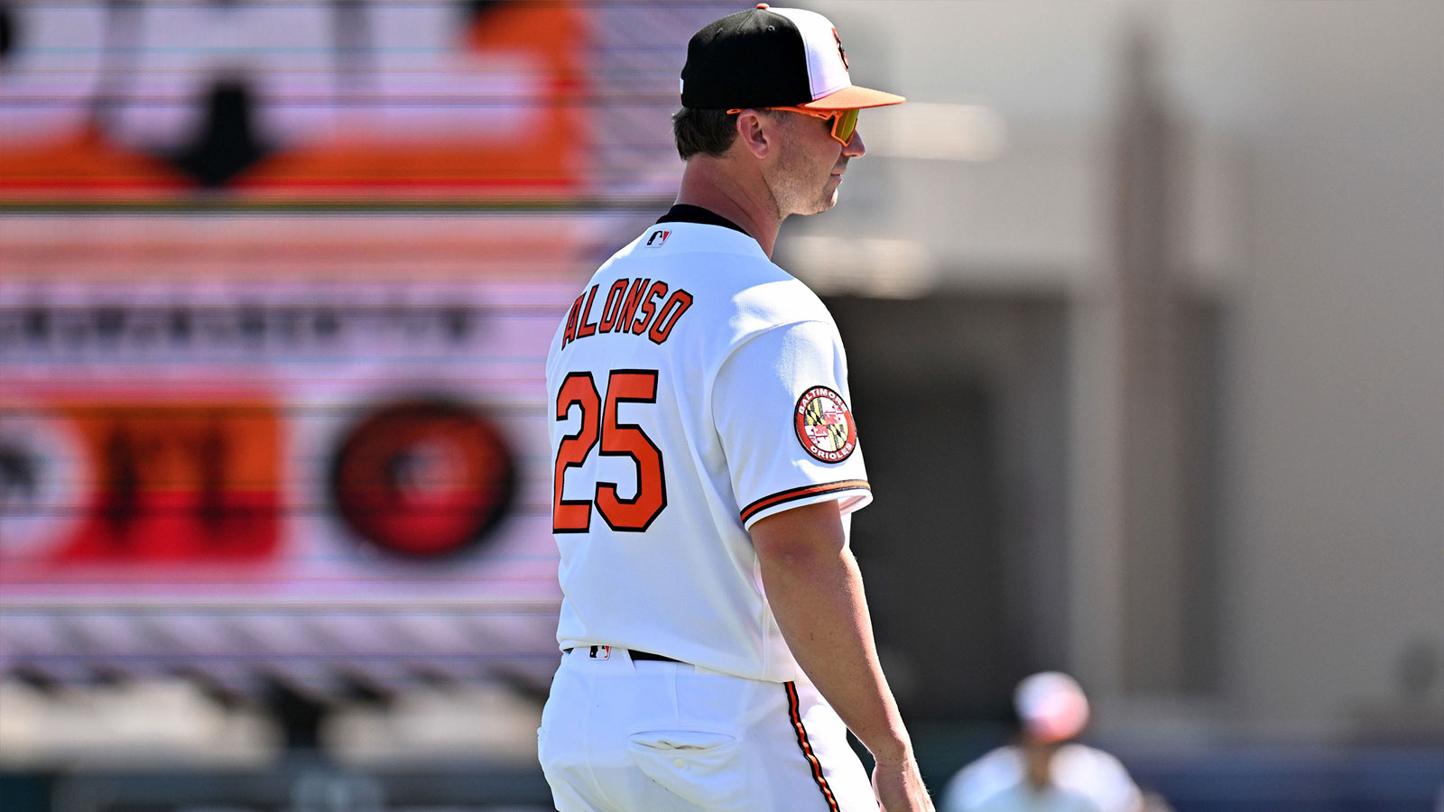 Baltimore Orioles first baseman Pete Alonso (25) warms up before the start of the spring training game against the New York Yankees at Ed Smith Stadium.
