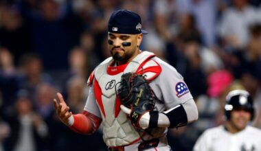 Boston Red Sox catcher Carlos Narvaez (75) reacts after New York Yankees second baseman Jazz Chisholm Jr. (not pictured) scores during the eighth inning of Game 2 of the Wild Card playoff series at Yankee Stadium on Oct. 1, 2025, in New York.