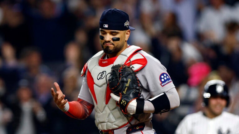Boston Red Sox catcher Carlos Narvaez (75) reacts after New York Yankees second baseman Jazz Chisholm Jr. (not pictured) scores during the eighth inning of Game 2 of the Wild Card playoff series at Yankee Stadium on Oct. 1, 2025, in New York.
