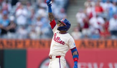 Philadelphia Phillies’ Edmundo Sosa reacts at second base after hitting a two-run single in the ninth inning against the Washington Nationals on Wednesday, April 1, 2026, in Philadelphia.