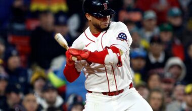 Red Sox first baseman Willson Contreras wasn't happy after being hit by a pitch against the Brewers Monday night.