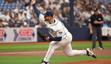 Tampa Bay Rays pitcher Drew Rasmussen throws during the first inning of a baseball game against the New York Yankees, Sunday, April 12, 2026, in St. Petersburg, Fla. (AP Photo/Jason Behnken)