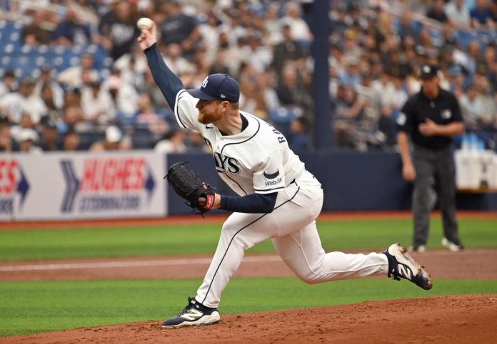 Tampa Bay Rays pitcher Drew Rasmussen throws during the first inning of a baseball game against the New York Yankees, Sunday, April 12, 2026, in St. Petersburg, Fla. (AP Photo/Jason Behnken)
