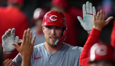 Cincinnati Reds' Tyler Stephenson is greeted in the dugout after hitting a two-run home run off Texas Rangers pitcher Chris Martin during the ninth inning of the Rangers' home-opener baseball game Friday, April 3, 2026, in Arlington, Texas. (AP Photo/Julio Cortez)