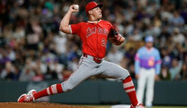 Sep 19, 2025; Denver, Colorado, USA; Los Angeles Angels relief pitcher Robert Stephenson (24) pitches in the seventh inning against the Colorado Rockies at Coors Field. Mandatory Credit: Isaiah J. Downing-Imagn Images